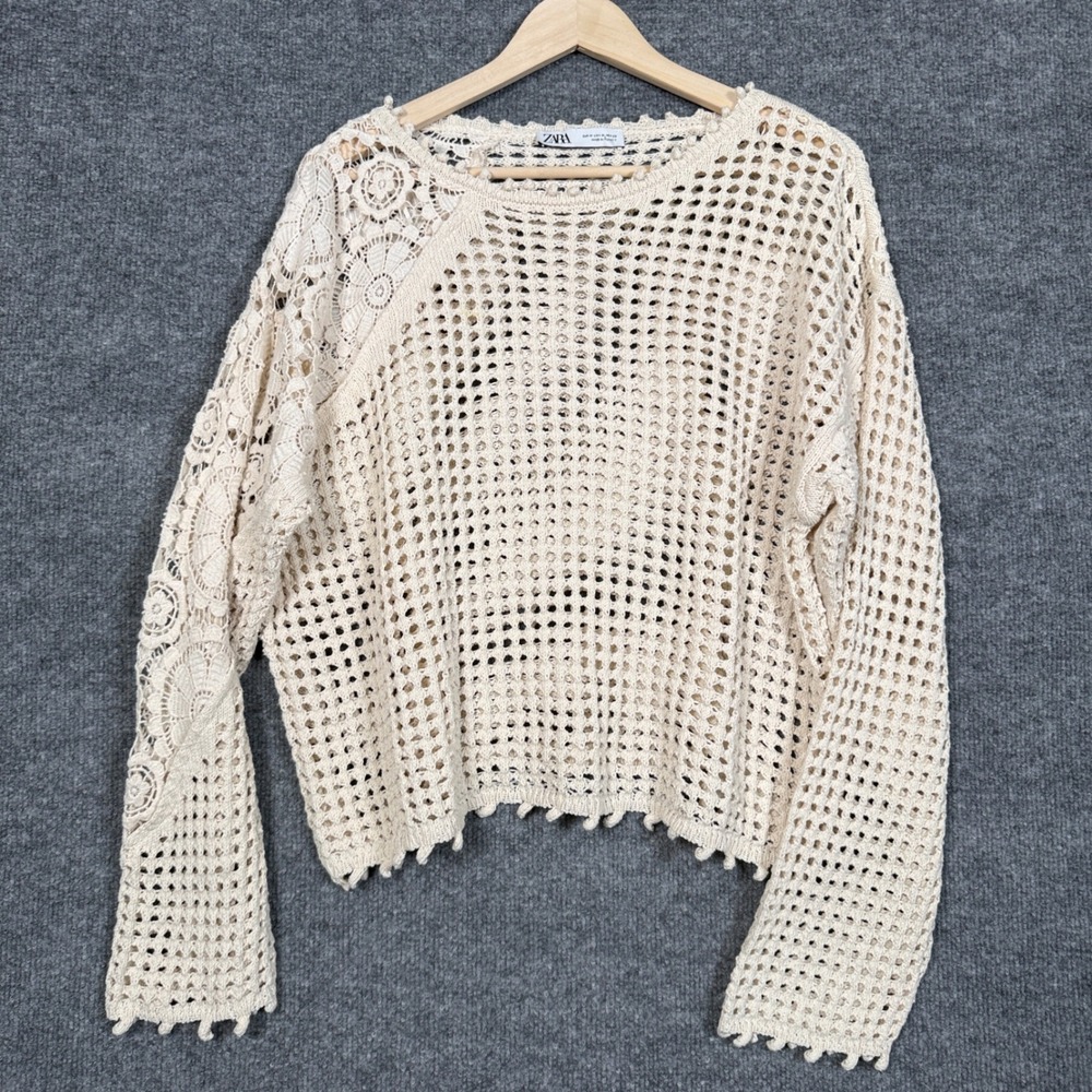 Zara Womens Size Medium Top Cream Crochet Open Knit Lace Boho Long Sleeve Beachy